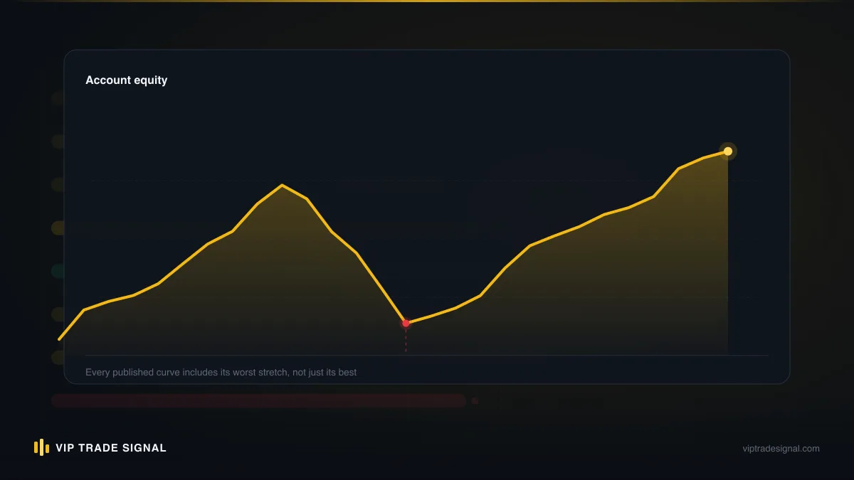 Equity curve with shaded drawdown periods between peaks and troughs