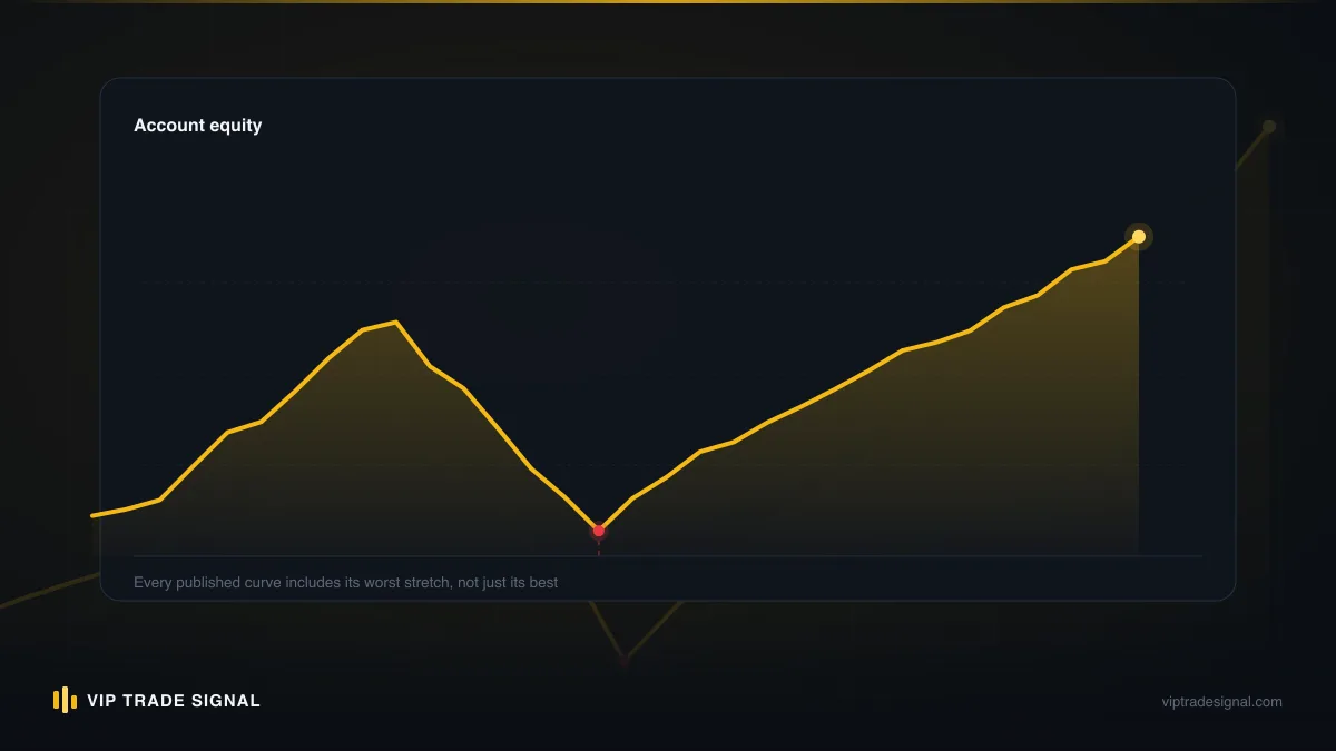 Backtest equity curve climbing smoothly while the live curve decays after launch