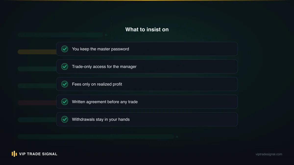 Checklist graphic of fee schedule clauses to verify before signing a management agreement
