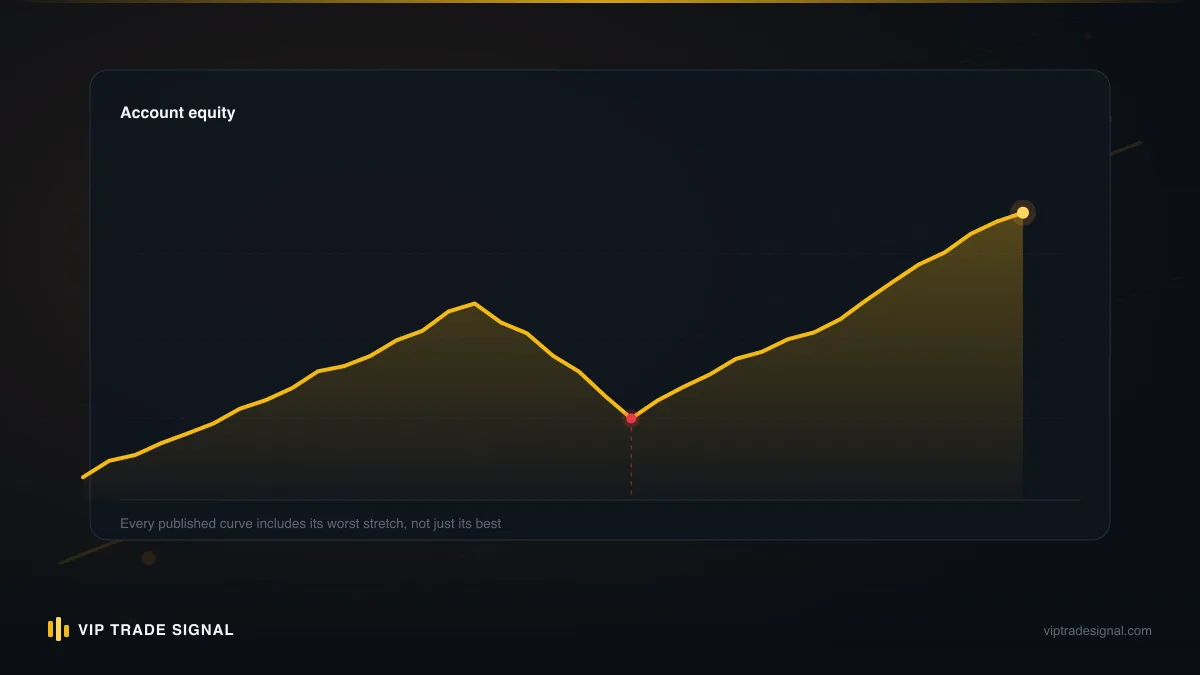 Equity curve showing a drawdown, a recorded baseline, and recovery measured only above that line