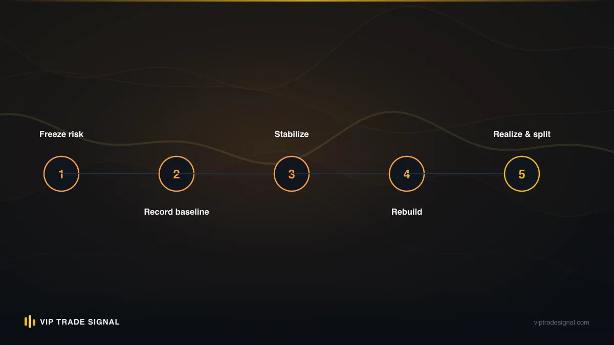 Step-by-step flow from assessment through baseline to managed recovery and final split