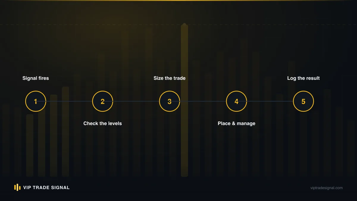 Two-week evaluation timeline for a free signal channel from logging through verdict