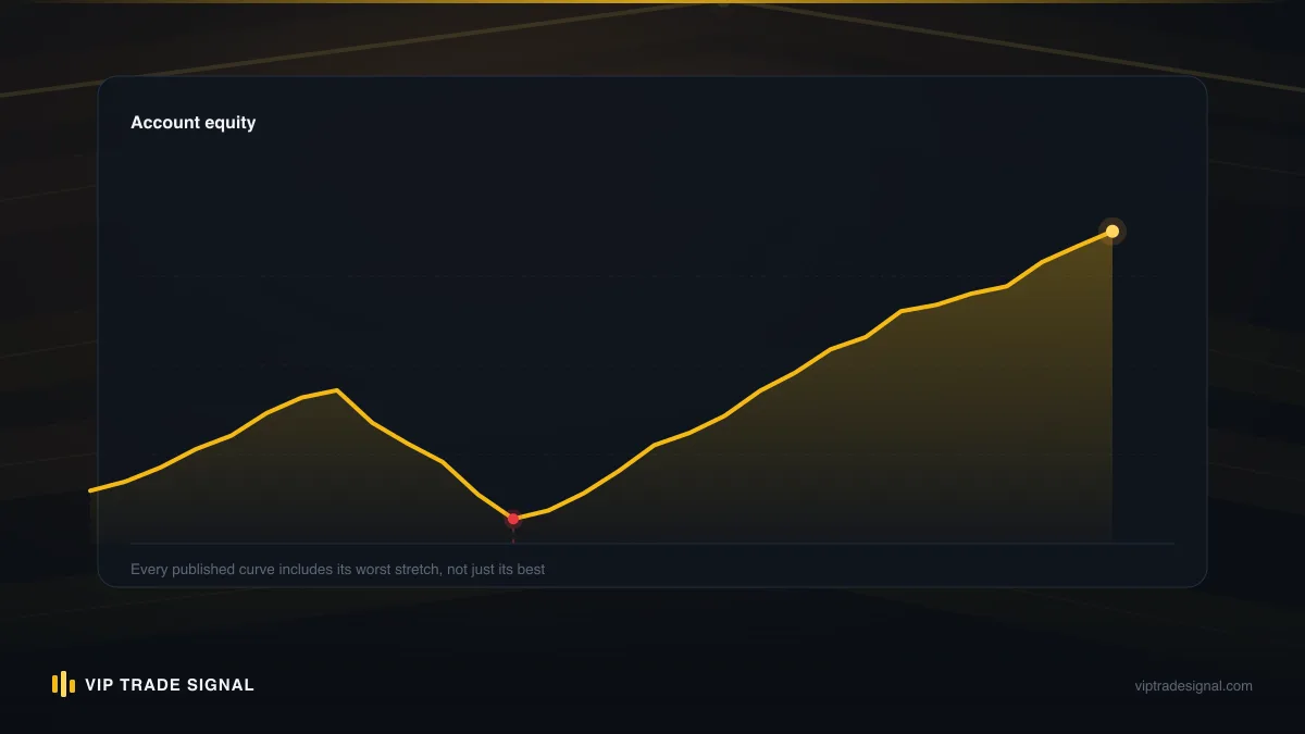 Equity curve of a typical gold drawdown: slow entries, fast collapse, long flat recovery