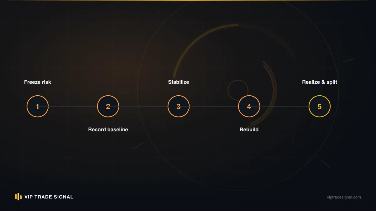 Numbered steps from locked structure to clean account