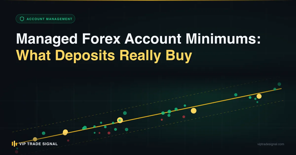 Stacked coins of increasing height next to a trading chart, illustrating minimum deposit tiers for managed forex accounts