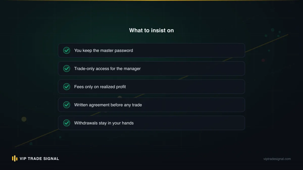Checklist graphic of the ten vetting questions for UK clients assessing a managed forex account provider