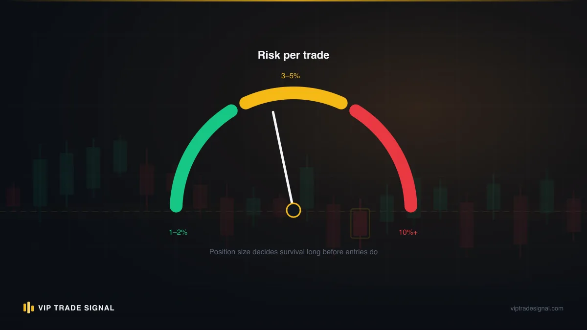 Risk gauge showing how per-trade risk multiplies the same losing streak into very different drawdowns