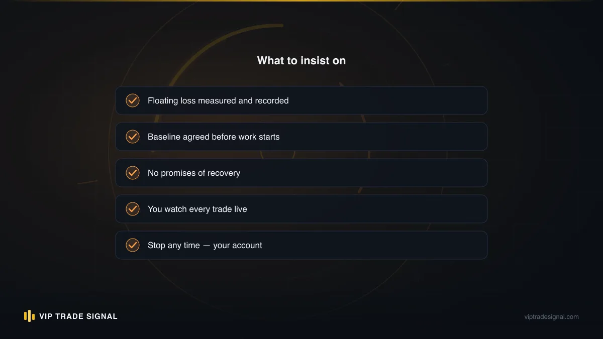 Checklist graphic of vetting questions to ask a performance-fee recovery operator before granting account access