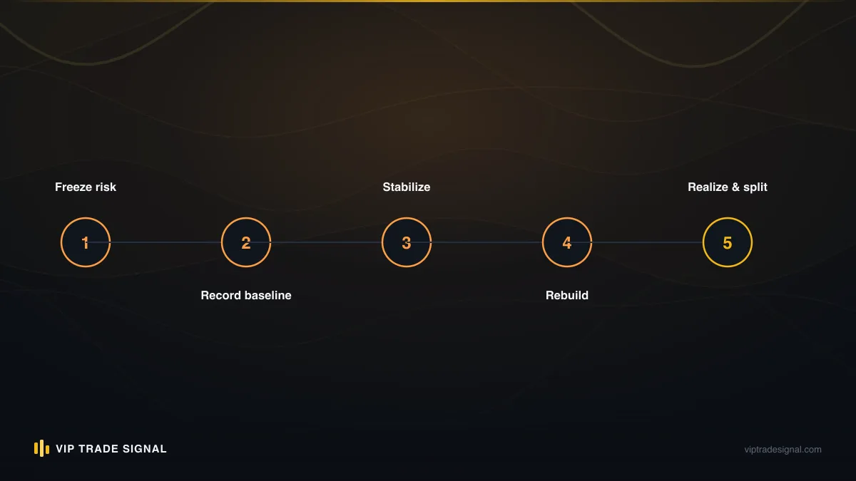 A position reduced in three tranches, risk stepping down at each partial close