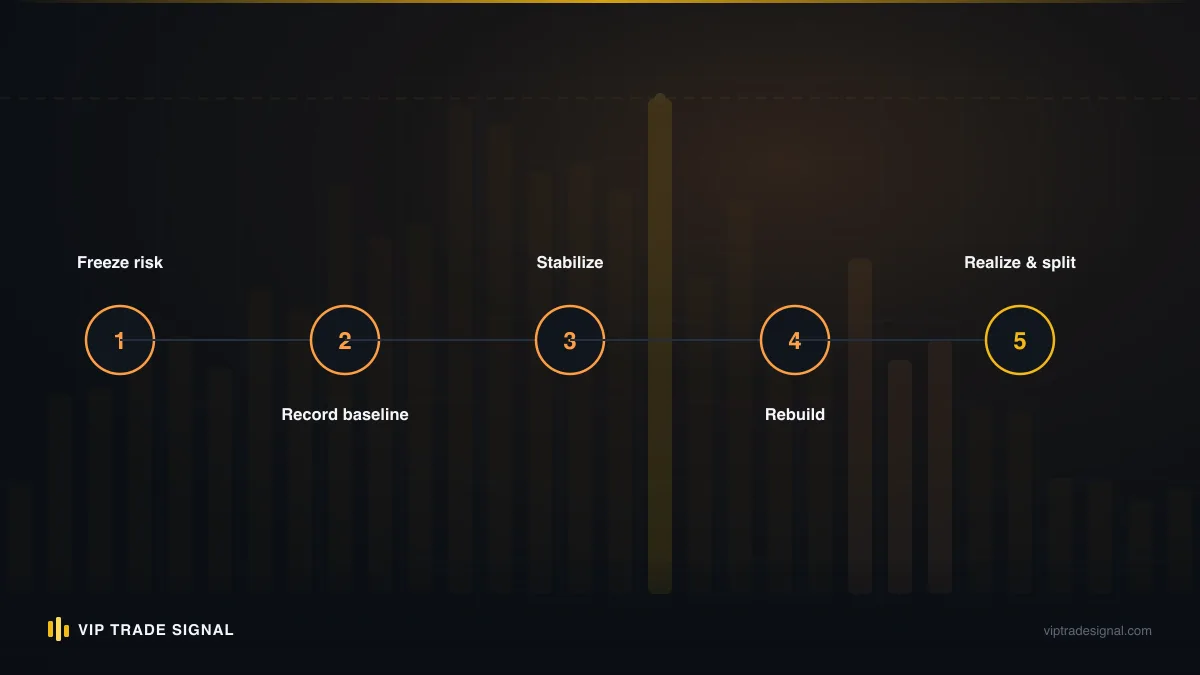 Numbered steps of a drawdown recovery sequence from stop-trading through risk reduction to gradual rebuild