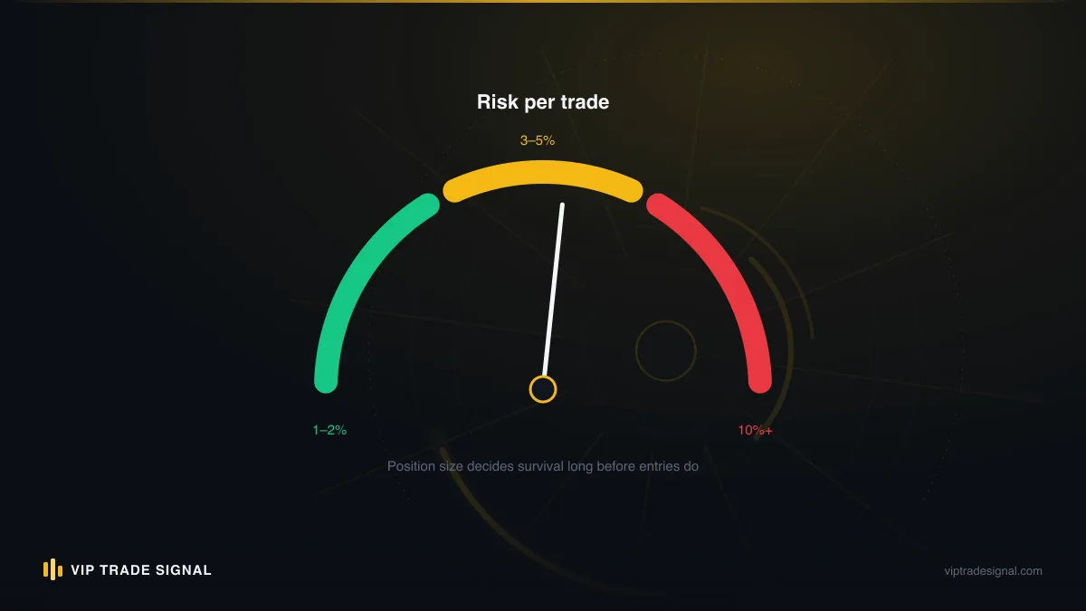 Gauge showing derived risk per trade landing between 0.5 and 1.5 percent for most followers