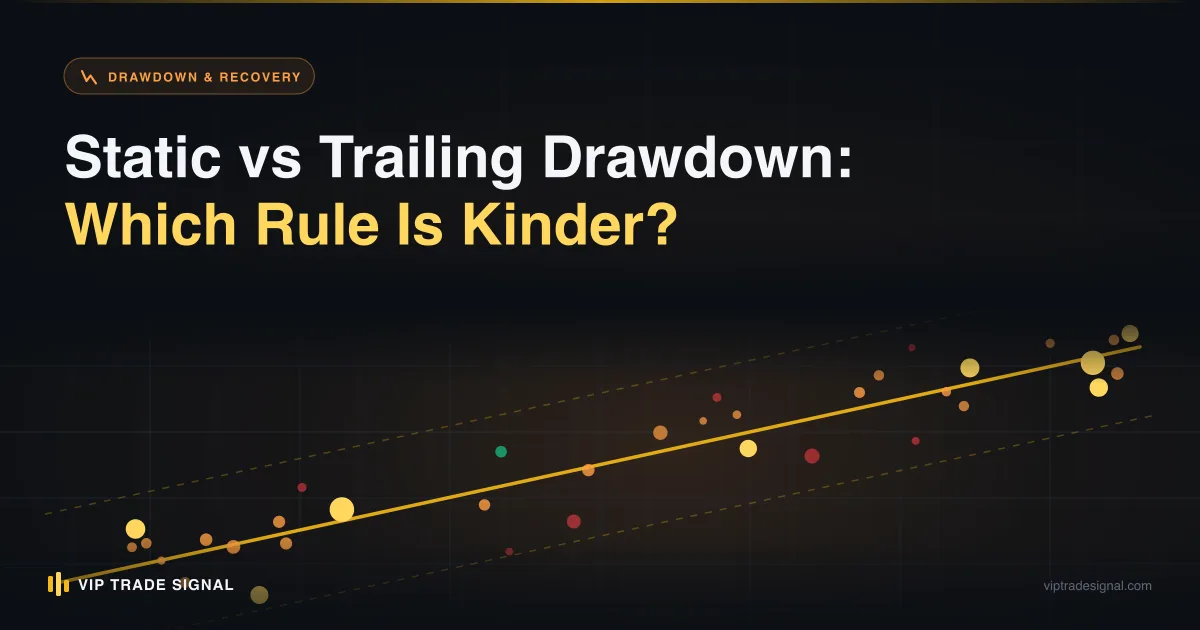 Equity curve with a trailing drawdown floor climbing beneath it toward a breach point