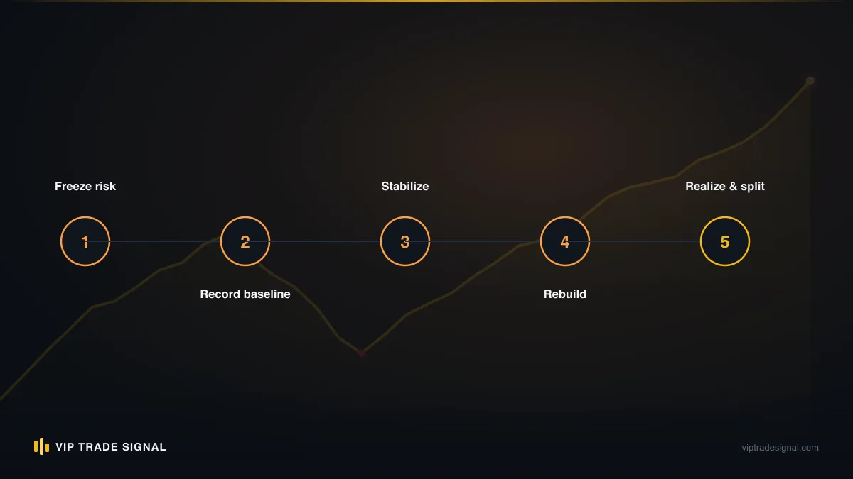Step-by-step reset sequence after a losing day, from closing the platform to reduced-size re-entry