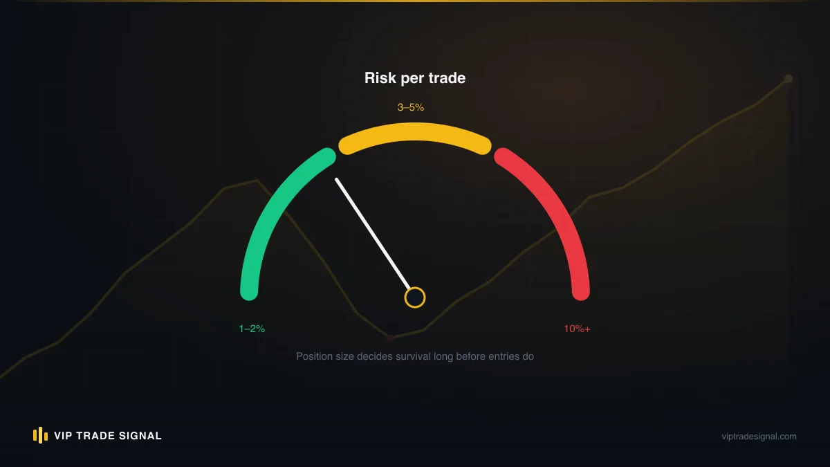 A risk gauge showing per-trade exposure moving from the green zone into the red as position size climbs