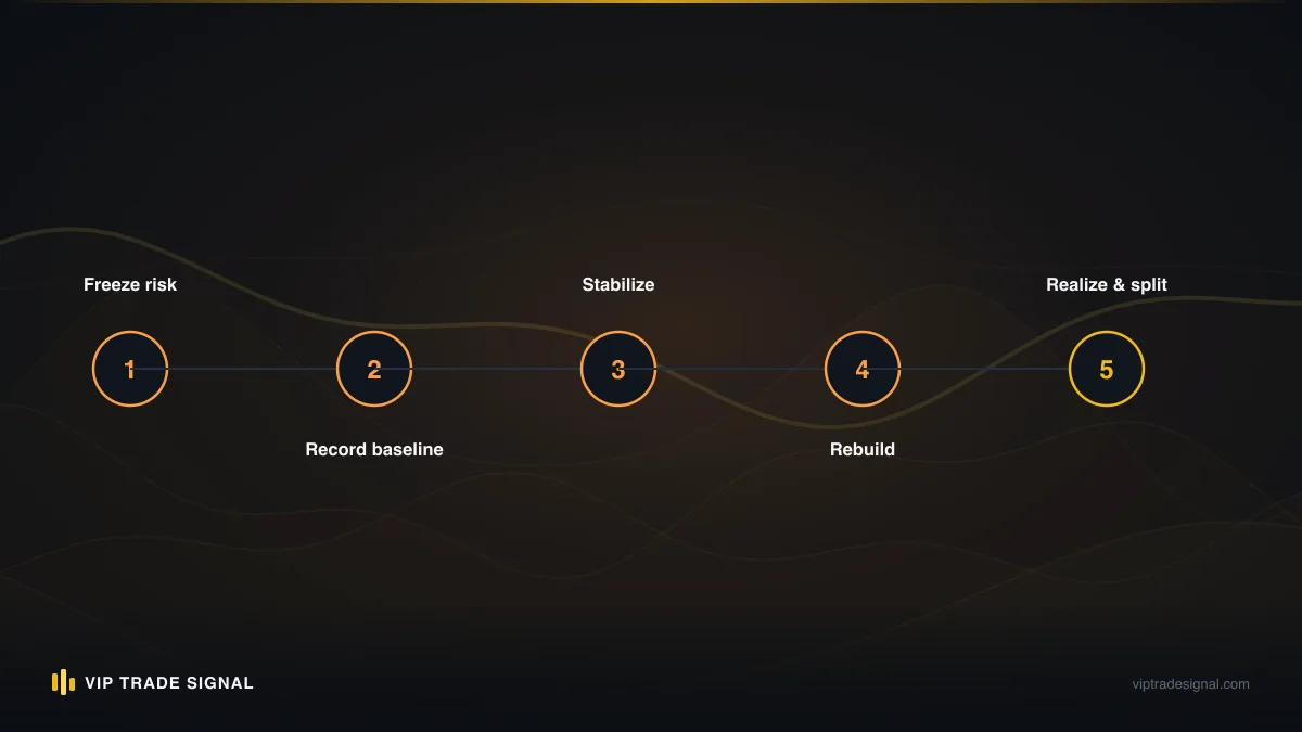 Step diagram of the escalation from a normal losing trade to a locked, hedged, oversized position